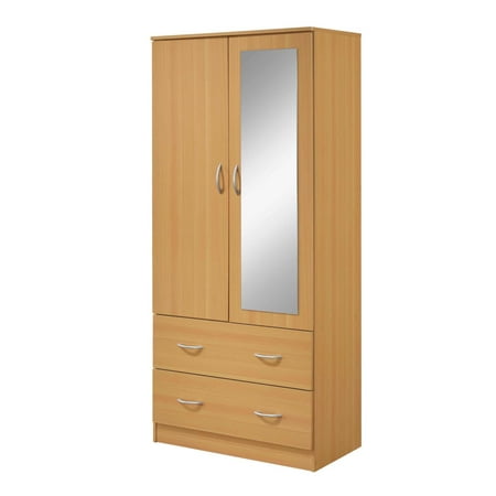 Hodedah Two Door Wardrobe with Two Drawers and Hanging Rod plus Mirror, Beech