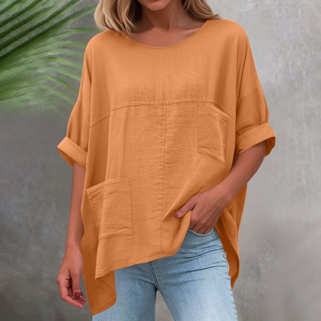 TaTaai Women's Summer Round Neck Solid Color Cotton Linen Long Sleeve Cardigan, Loose Breathable Lightweight Casual Sun Protection Tops Gift