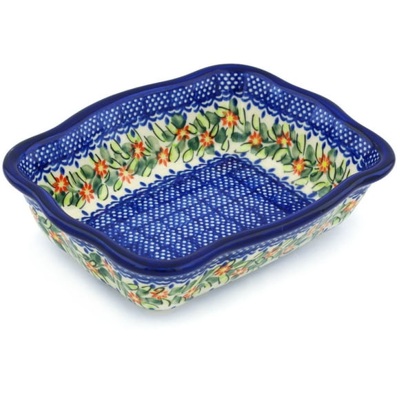 Polish Pottery 7¾-inch Rectangular Baker (Elegant Garland Theme) Hand Painted in Boleslawiec, Poland   Certificate of Authenticity