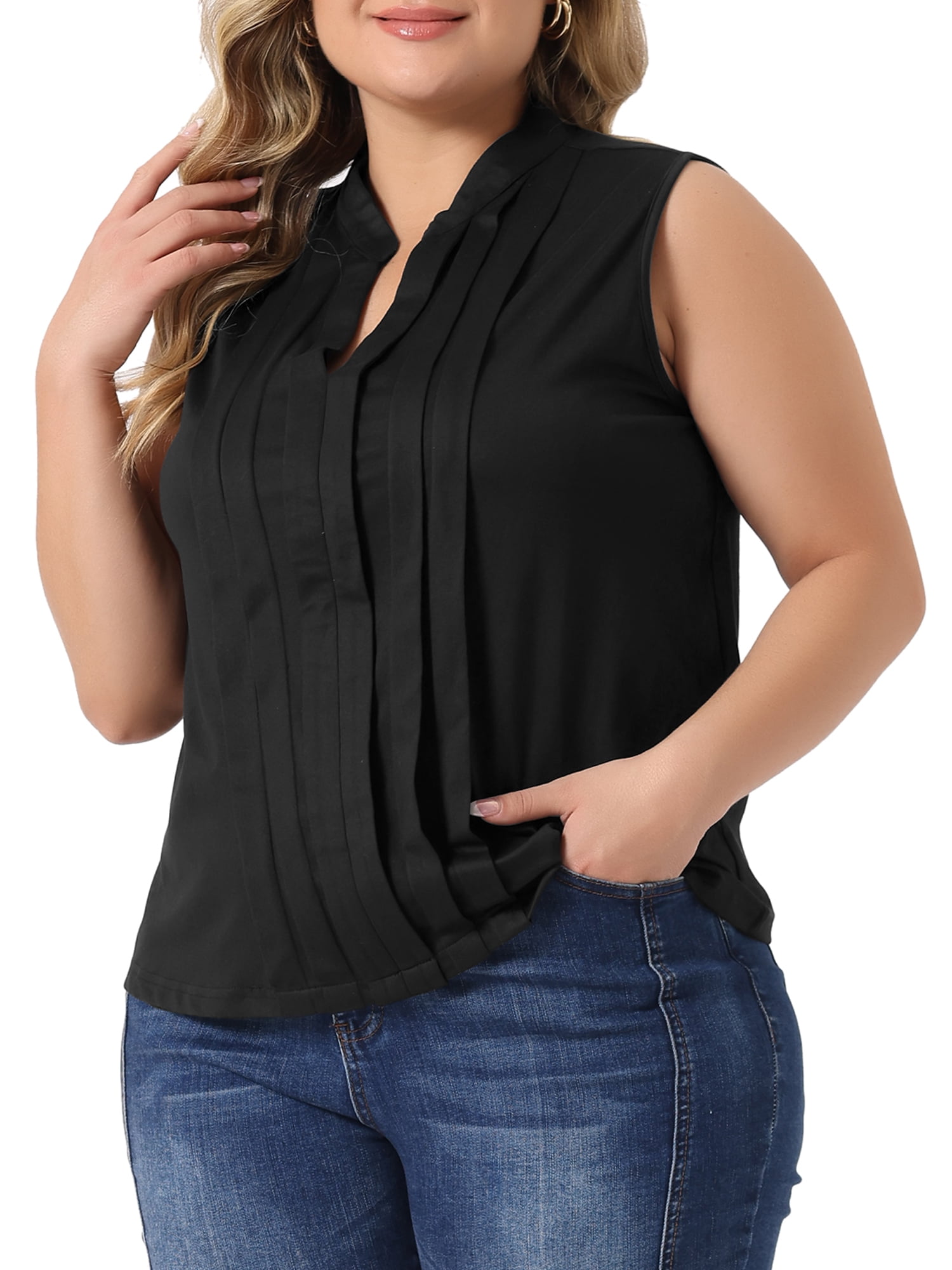 Unique Bargains Women's Plus Size Tops V Neck Sleeveless Work Shirts Blouses 1X Black