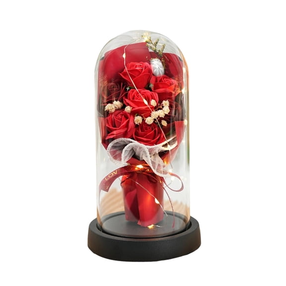 Virelaxpo Preserved Rose Flower Bouquet with Glass Dome and LED Light, 7 Red Roses Dried Arrangement for Valentine Anniversary Gift