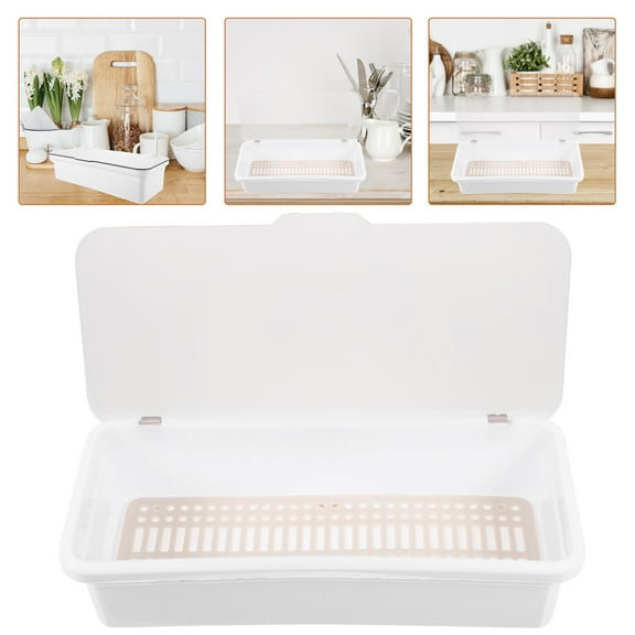 Luxshiny White Kitchen Cutlery Tray Plastic Utensil Container with Lid for Storage