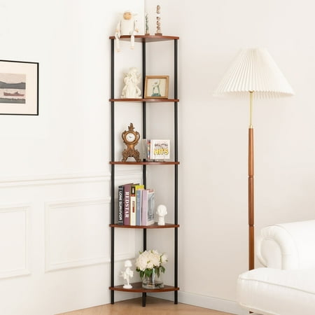 Yoobure Corner Shelf Stand, 5-Tier Corner Shelves, 65" Wall Corner Bookshelf, Display Shelf Tall Shelf Plant Stand for Bedroom, Bathroom, Living Room, Berry Brown