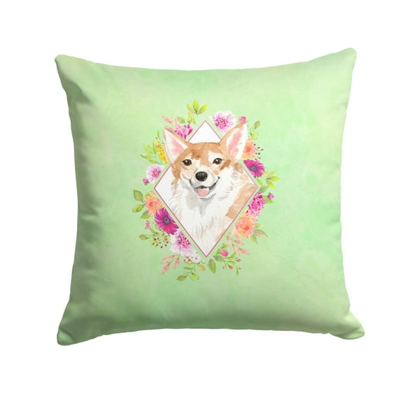 Carolines Treasures CK4403PW1414 Corgi Green Flowers Fabric Decorative Pillow  14Hx14W multicolor