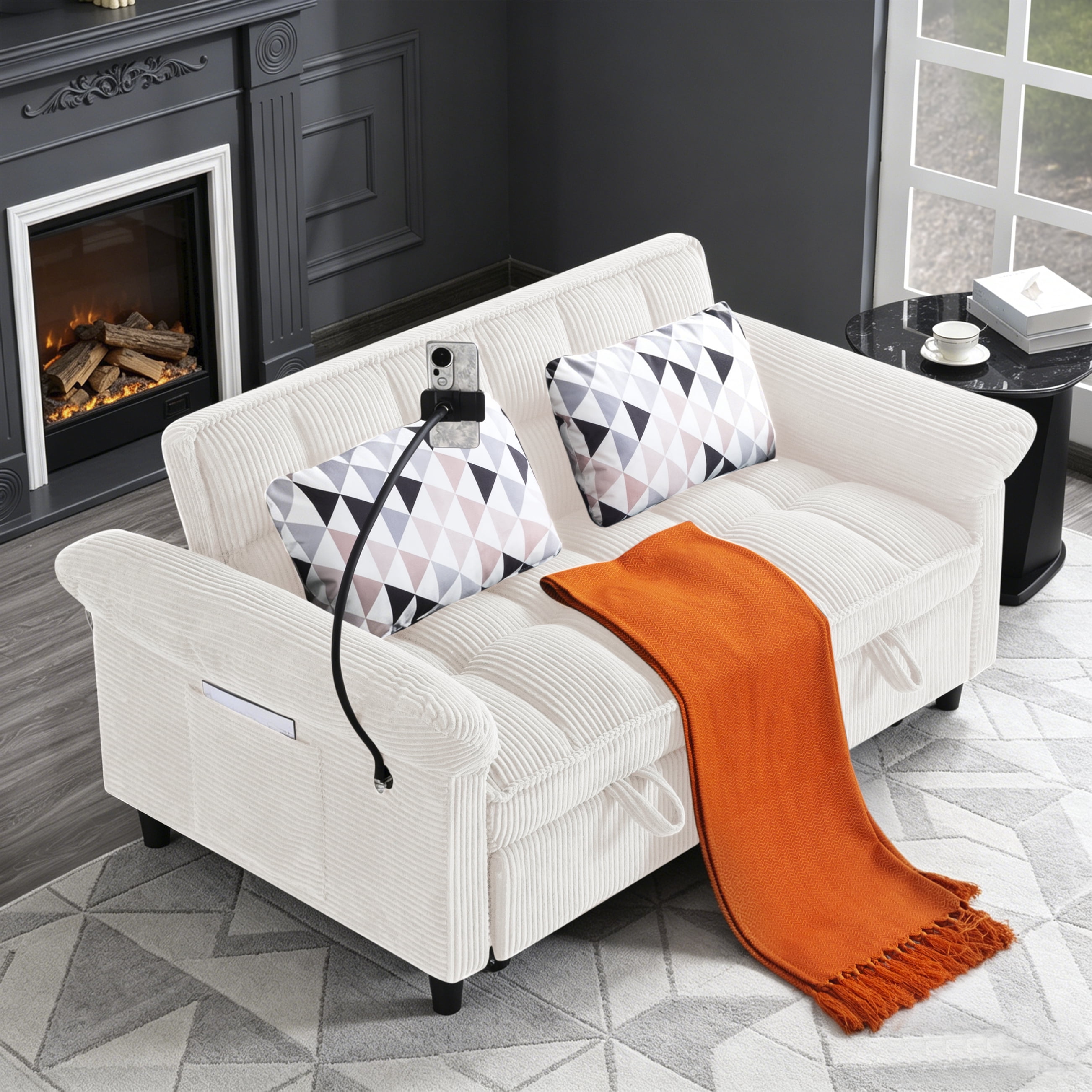 Gewnee 58" 3‑in‑1 Corduroy Convertible Sleeper Sofa Bed, Pull‑Out Loveseat with 3 Adjustable Reclining Positions & Side Storage Pocket, Multi‑Purpose Guest Sofa for Living Room, Guest Room, Beige