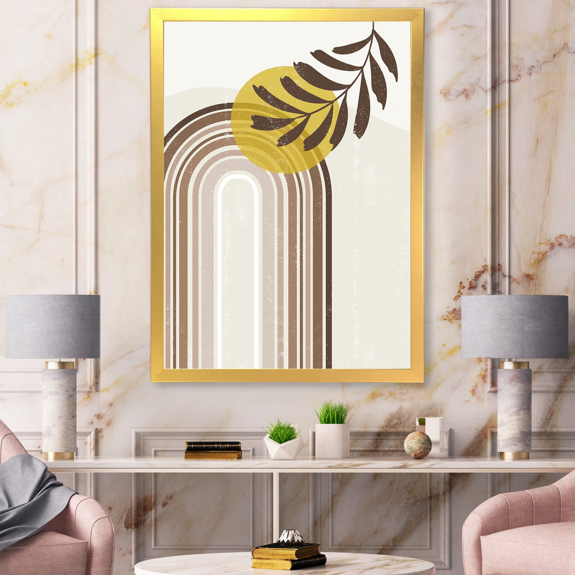 Designart 'Abstract Moon and Sun With Leaf In Earth Tones' Modern Framed Art Print