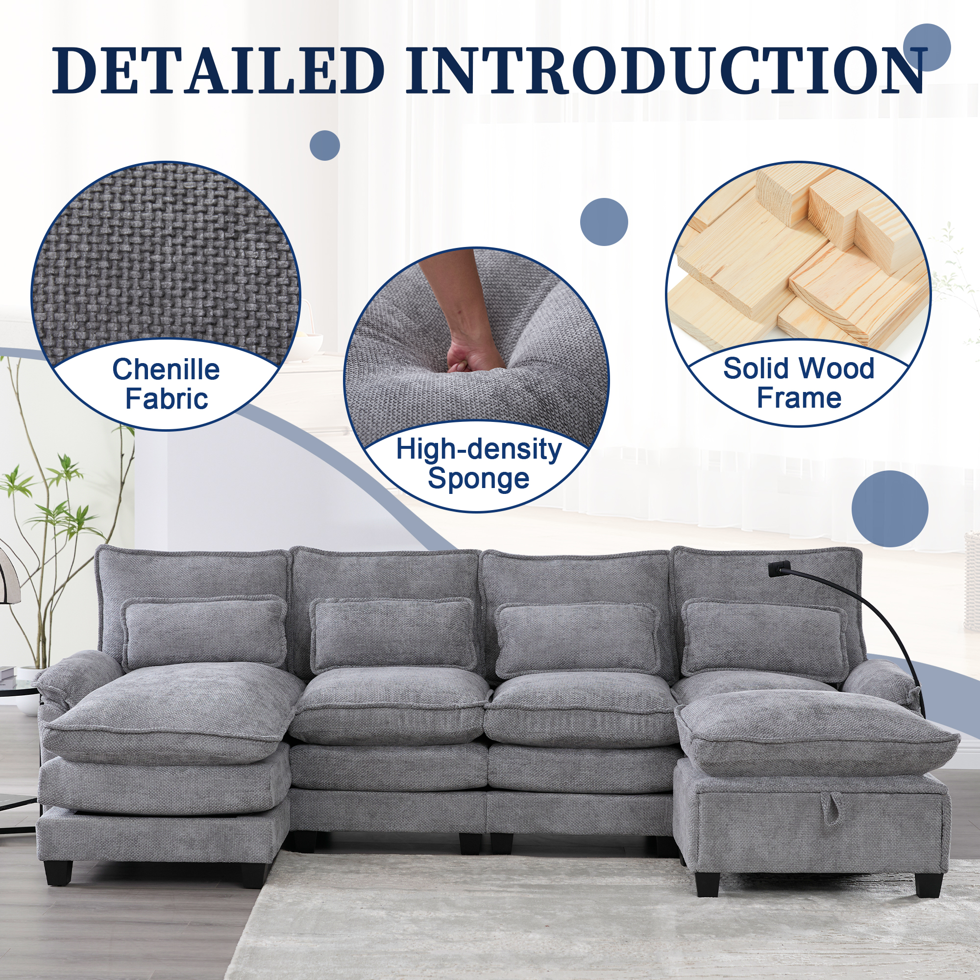 MOONMISS Chenille Upholstered Oversized U-shaped Comfy Modular Sectional Sofa with Storage Ottoman-Light Gray
