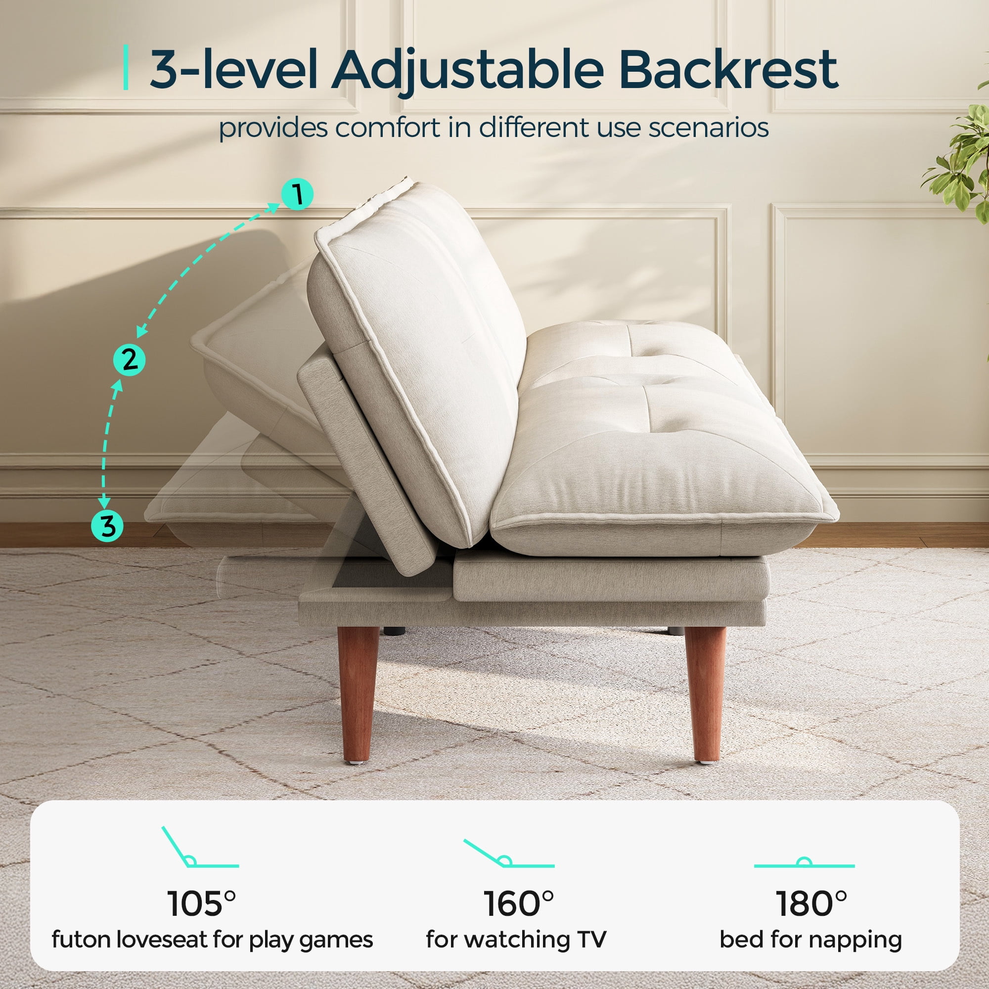 LINSY HOME Futon Sofa Bed , Loveseat Sofa Bed with Adjustable Armrests for Apartment, Small Living Place, Beige
