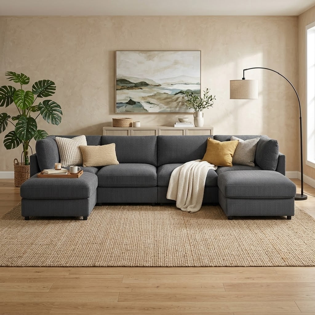 Howcool Cloud Couch Modular Sectional Sofa 6 Seat 129" L Shaped Reversible Convertible Couch, Corduroy Thick Cushion with Movable Ottomans, Washable Removable Cover for Living Room,Black