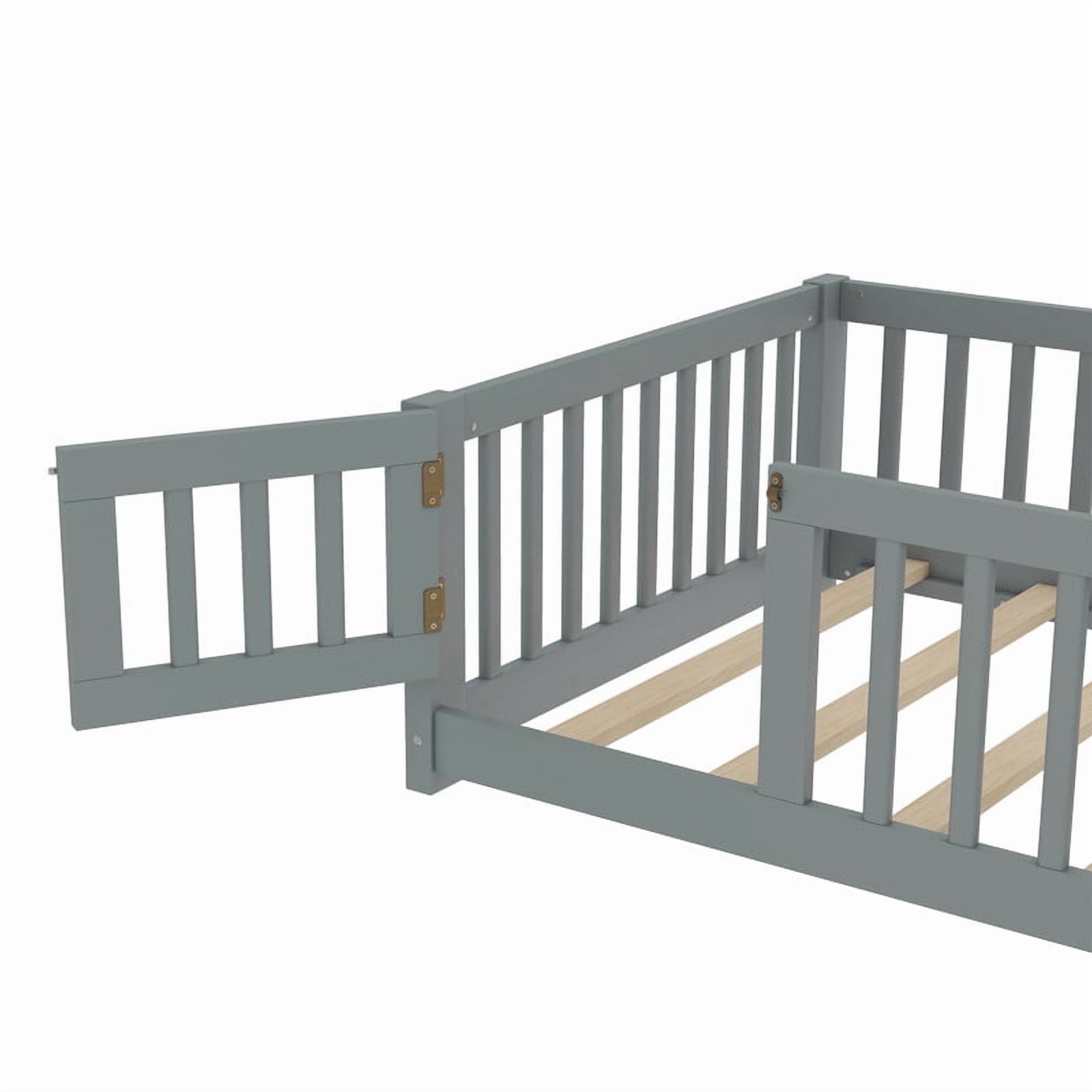 Montessori Bed with Rails, Twin Size Floor Bed with Door & Slats Support, Wood Playhouse Bed with Fence, No Box Spring Needed,Gray