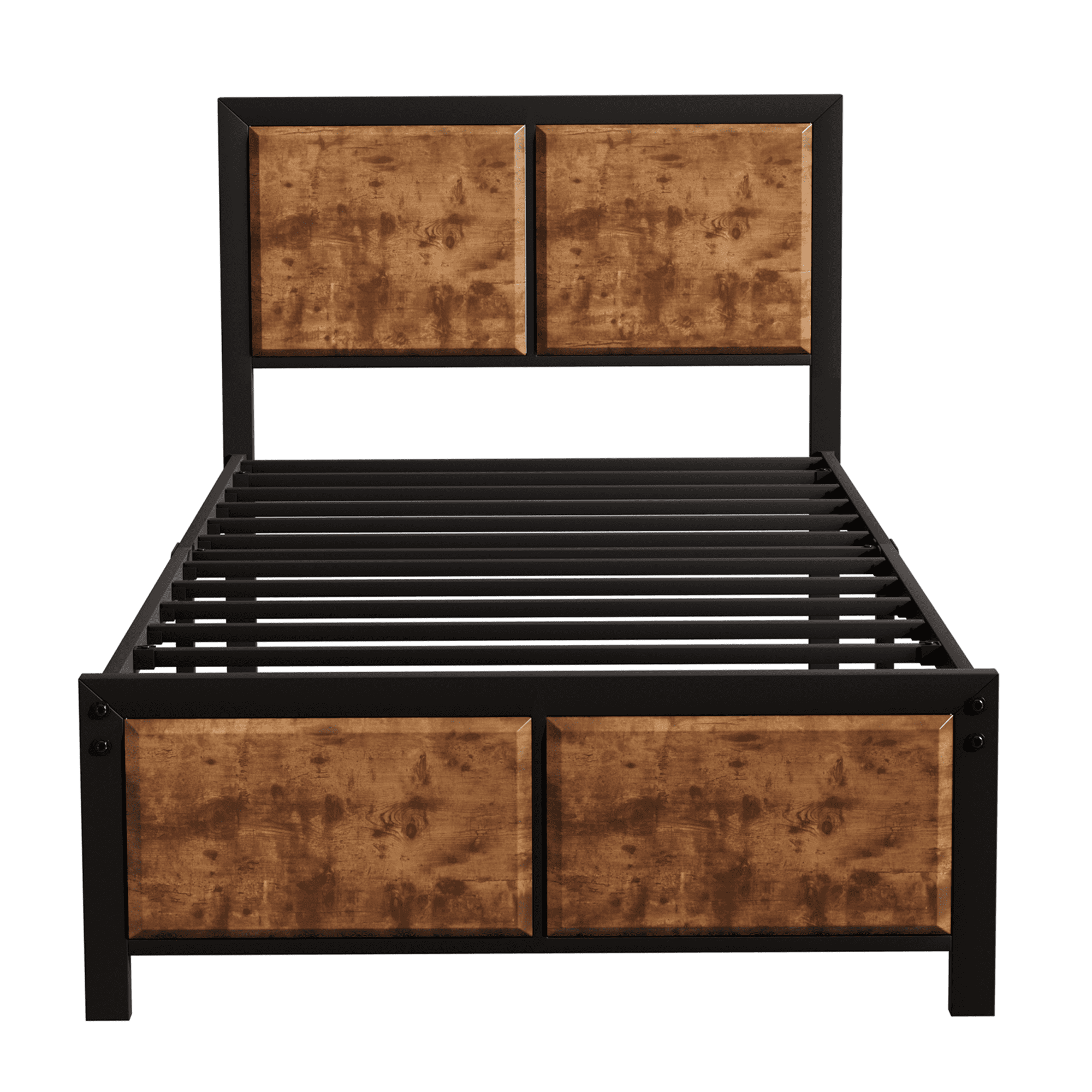 VECELO Metal Platform Bed Frame, Wooden Headboard and Footboard, Black & Wood Grain, Twin Size