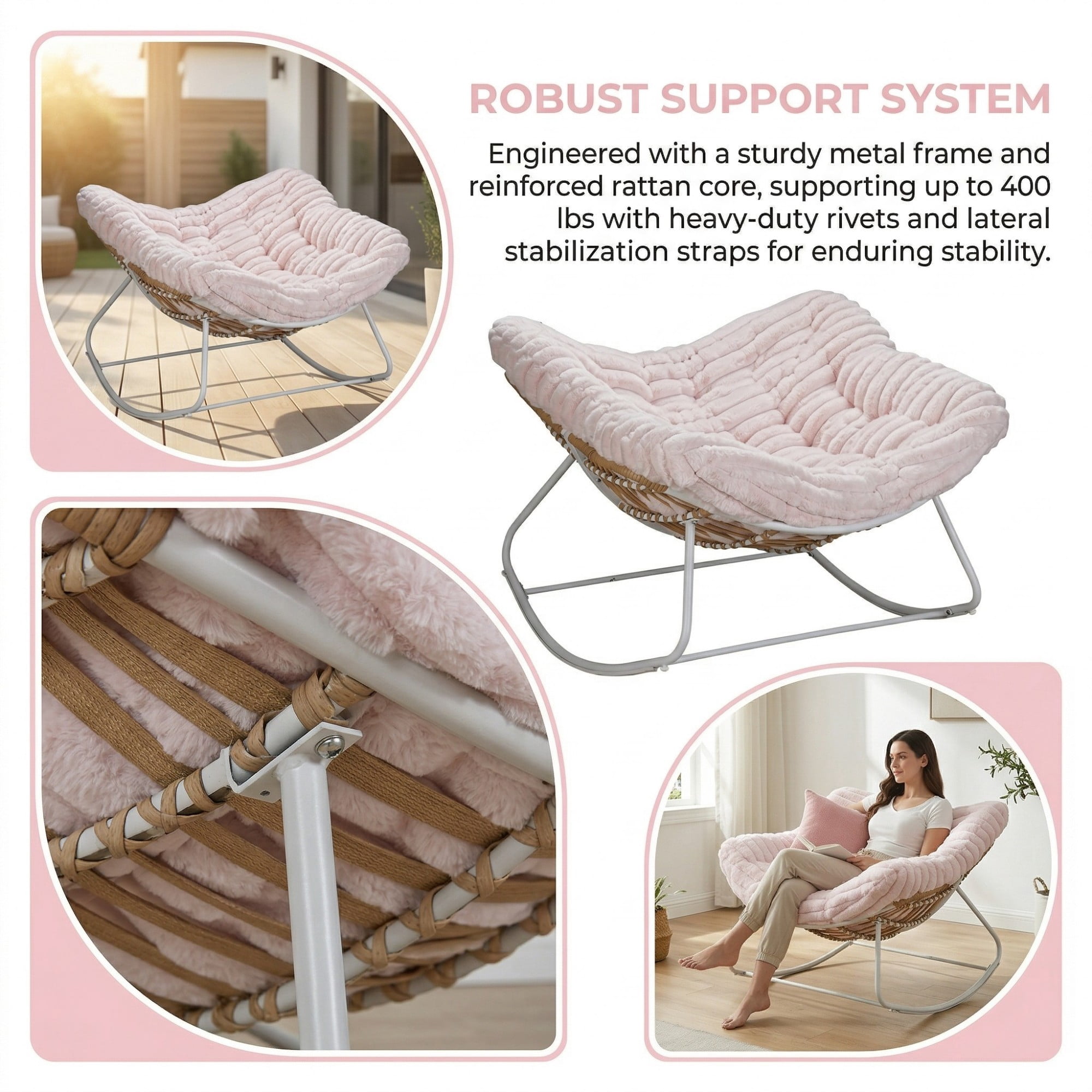 Papasan Rocking Chair Oversized, Rattan Outdoor Rocker with Deep Seat Thick Cushion, Patio Rocking Chair for Porch Bedroom Garden, Pink & White