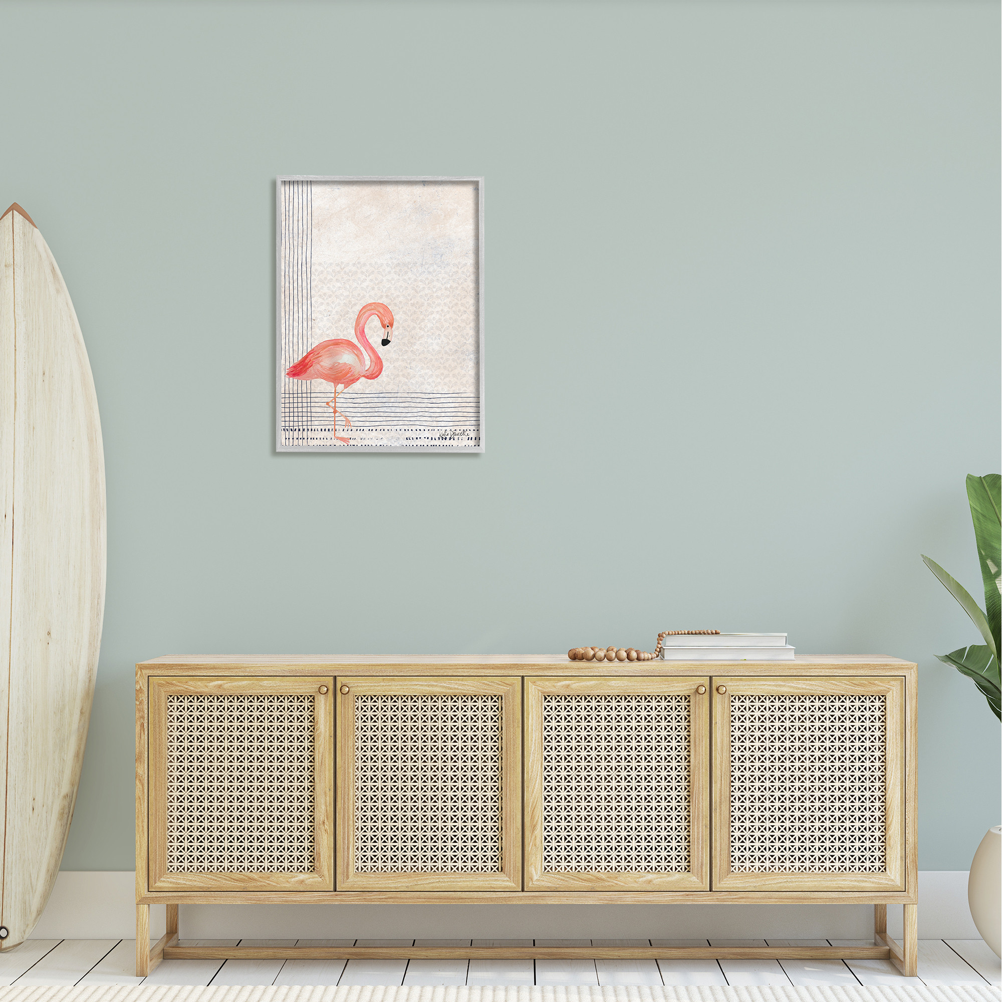 Stupell Industries Patterned Flamingo Bird Layered Stripes Graphic Art Gray Framed Art Print Wall Art, Design by Katie Doucette