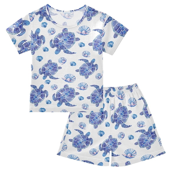 joogoo Turtles Seashells Pattern Pajama Sets Short Sleeve Cotton 2-Piece Sleepwear 10Y