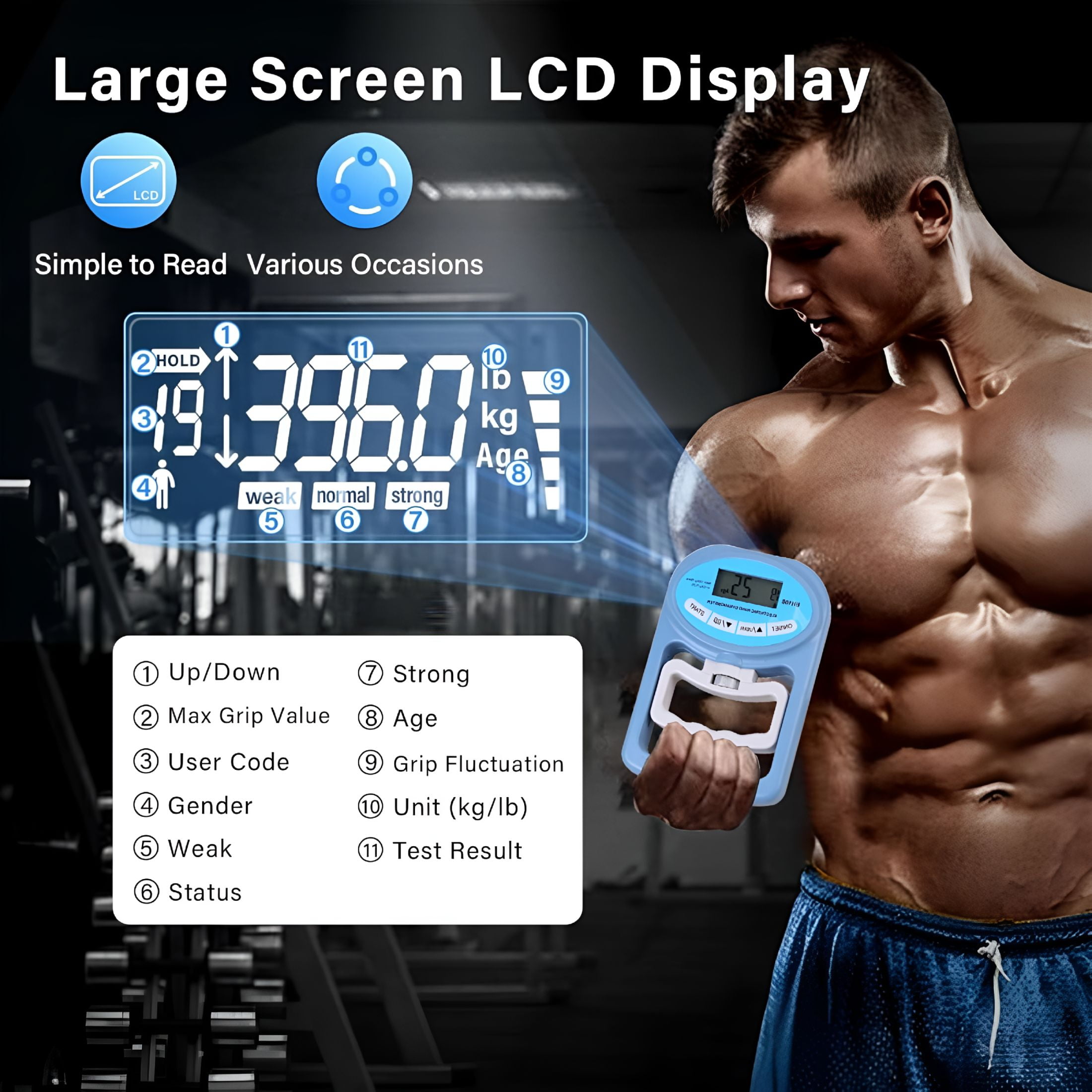 BESTSKY 2026 New Hand Dynamometer Grip Strength Trainer Electronic Hand Grip Strength Tester Grip Strengthener Hand Exerciser Meter Digital Hand Grip Training Gauge 396 Lbs for Sport Home School