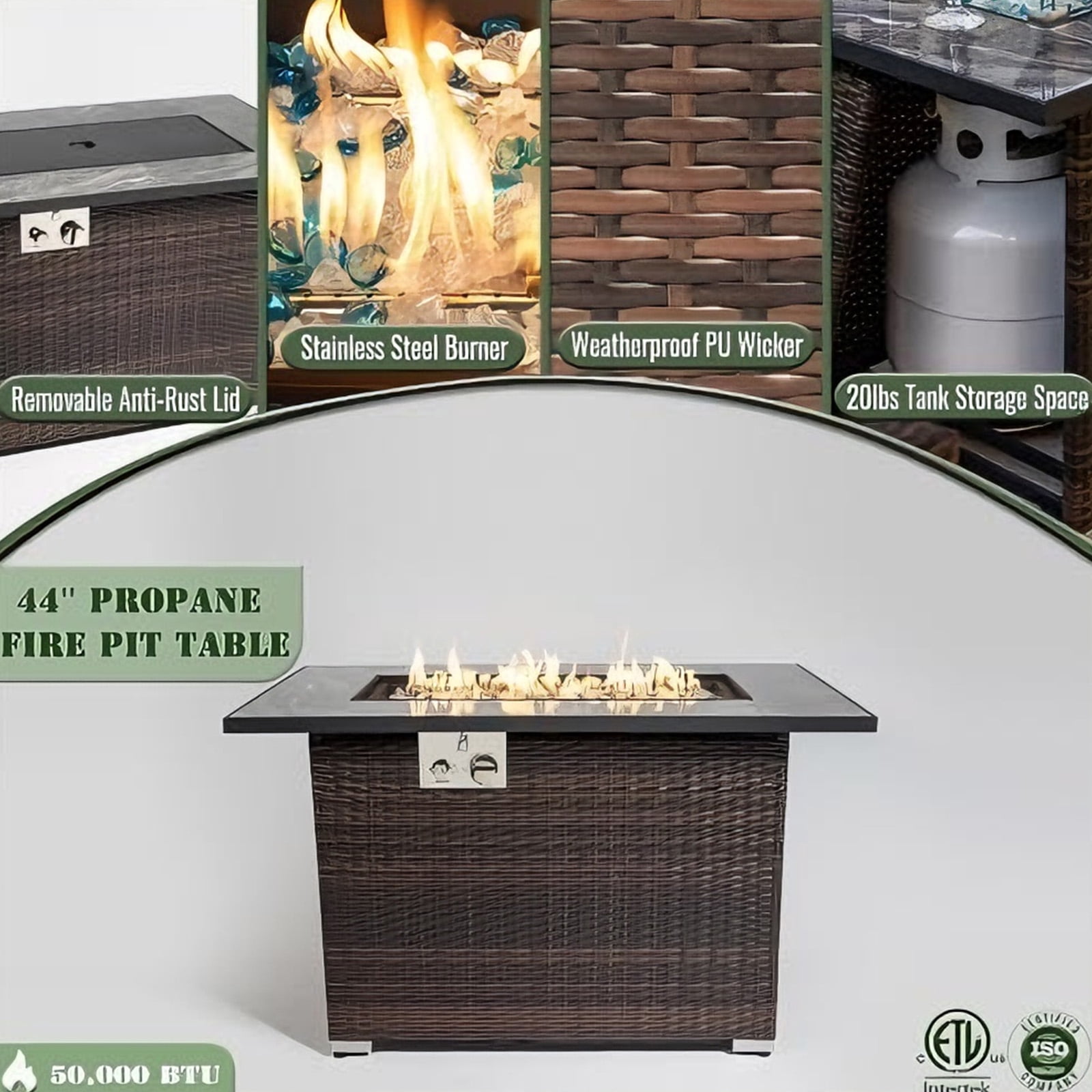 44" Outdoor Propane Fire Pit Table – 50,000 BTU Gas Firepit with PE Rattan Base,Ceramic Tabletop,Tempered Glass Shield – Includes Lid & Weatherproof Cover for Deck,Garden,Backyard