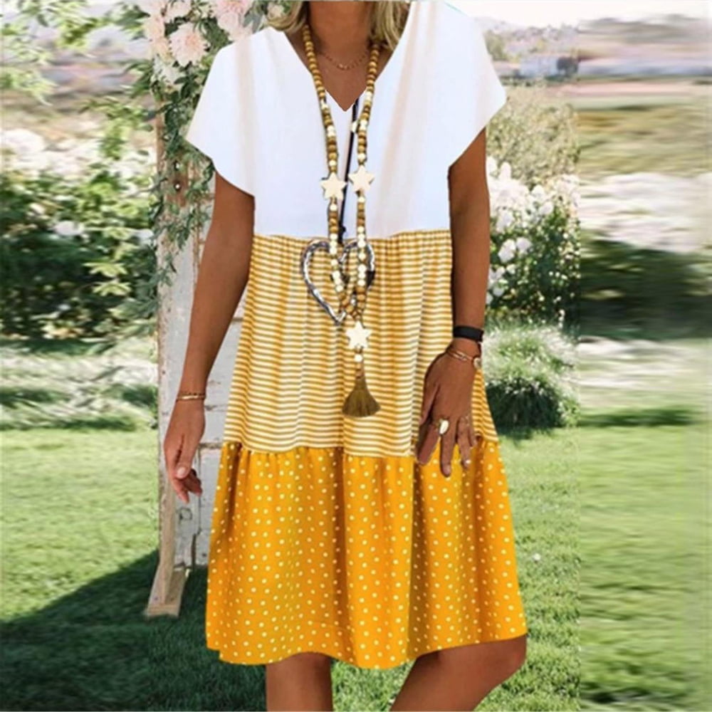 Plus Size Dresses for Women Lace Print Skirt Patchwork Short Sleeve Dress Loose Crewneck Sundresses