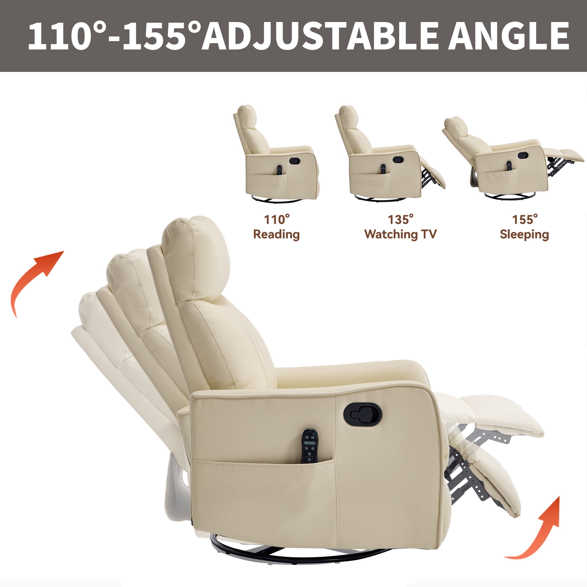 Gewnee 360° Swivel Rocking Recliner with Massage & Heat, Adjustable Reclining Angle, for Living Room & Office，Beige