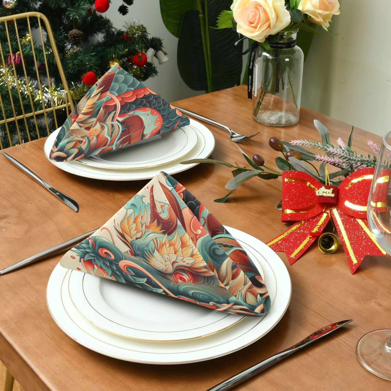 JSTEL Chinese Dragon Cloud Cloth Napkins Set of 6, 20x20 Inch Washable and Reusable Napkin for Decoupage Dinner Party Everyday Use