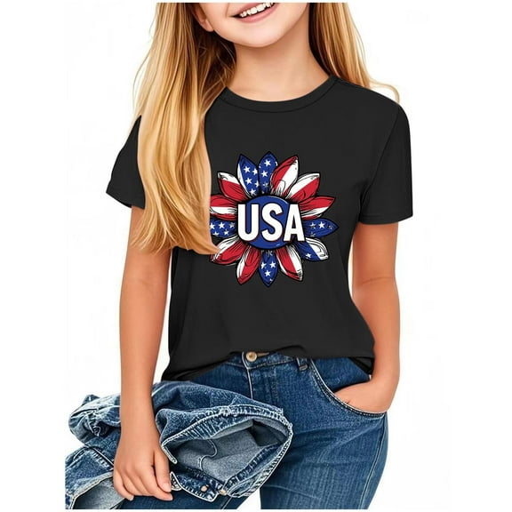ZACPNCV Kids Boys Girls USA Letter Print Tees Short Sleeve Crewneck Holiday Tops Patriotic Graphic Shirts Loose Independence Day Clothes Black 7-8 Years