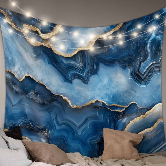 Blue Marble Tapestry for Bedroom Wall Hanging Tapestry, Contemporary Abstract Golden Foil Texture Ceiling Backdrop Tapestries Poster Blanket Wall Decor for Teens Room Living Room Dorm 39" x 59"