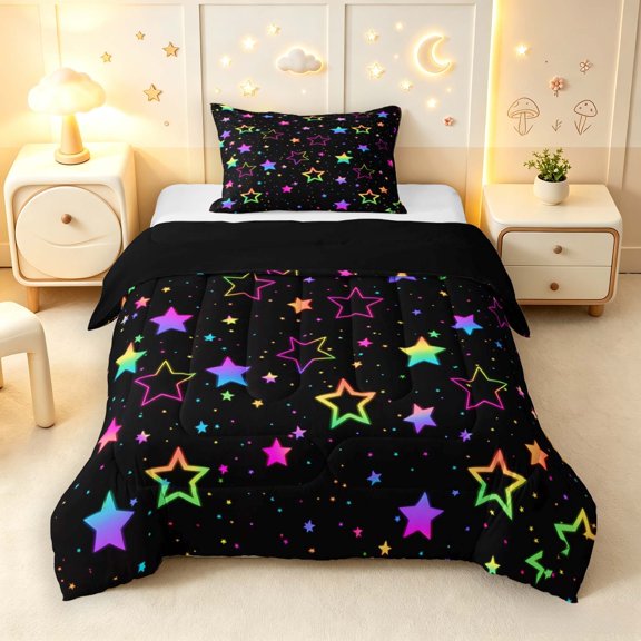 Manfei Glowing Gradient Stars Twin Comforter Sets,Sprinkle Print Bedding Set,Black,Black Reversible,2-Piece,1 Comforter and 1 Pillowcase