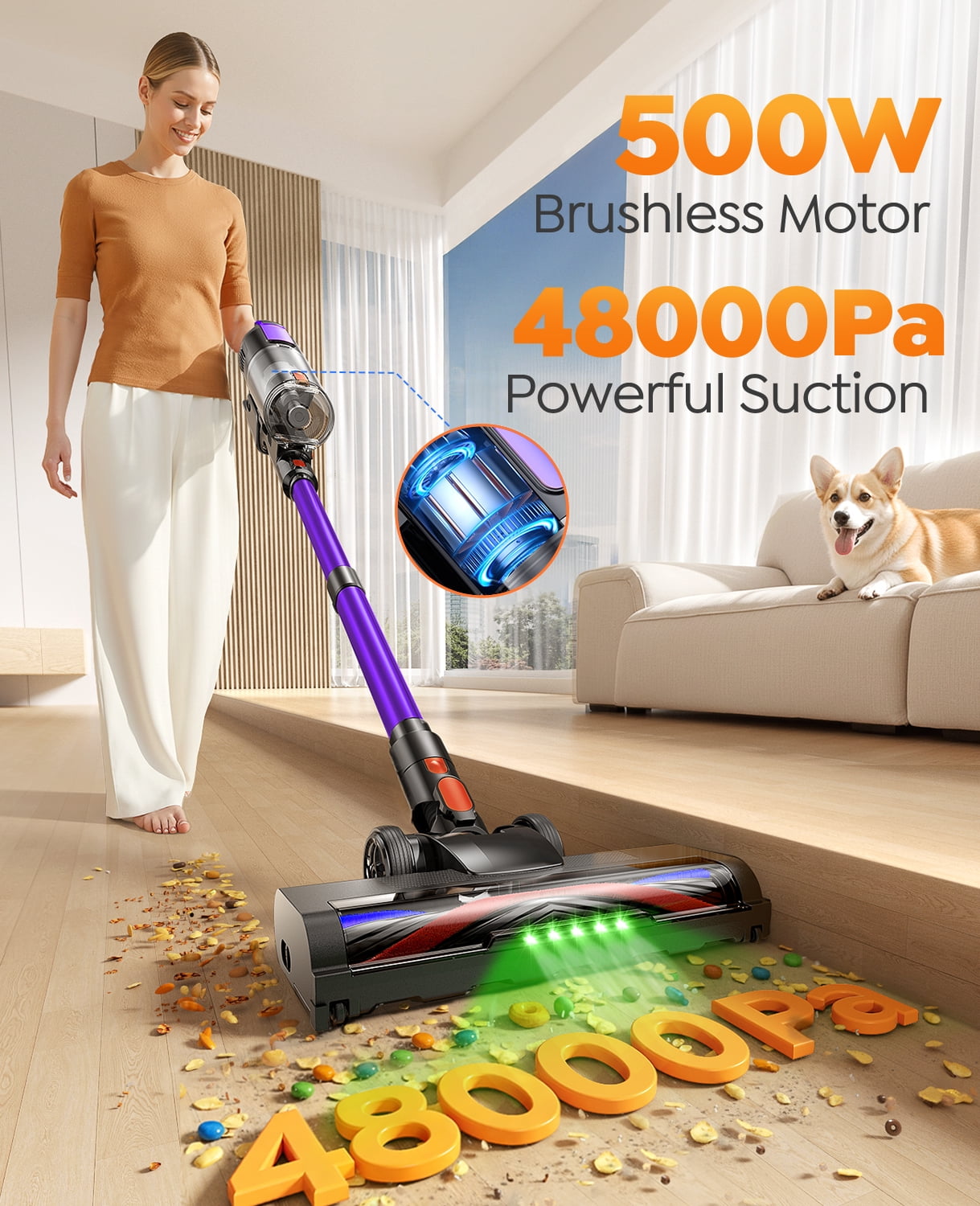 Buture VC100 Cordless Stick Vacuum Cleaner, 500W 48KPa Strong Suction, 55-Min Runtime Lightweight for Pet Hair Carpet HardFloor