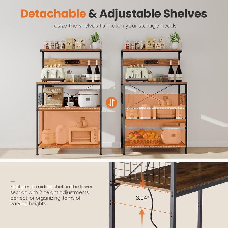 Simenmax 31.5" Kitchen Bakers Rack with Power Outlet, 4-Tier Adjustable Microwave Stand, Coffee Bar Station, Brown Storage Shelf Appliance Organizer