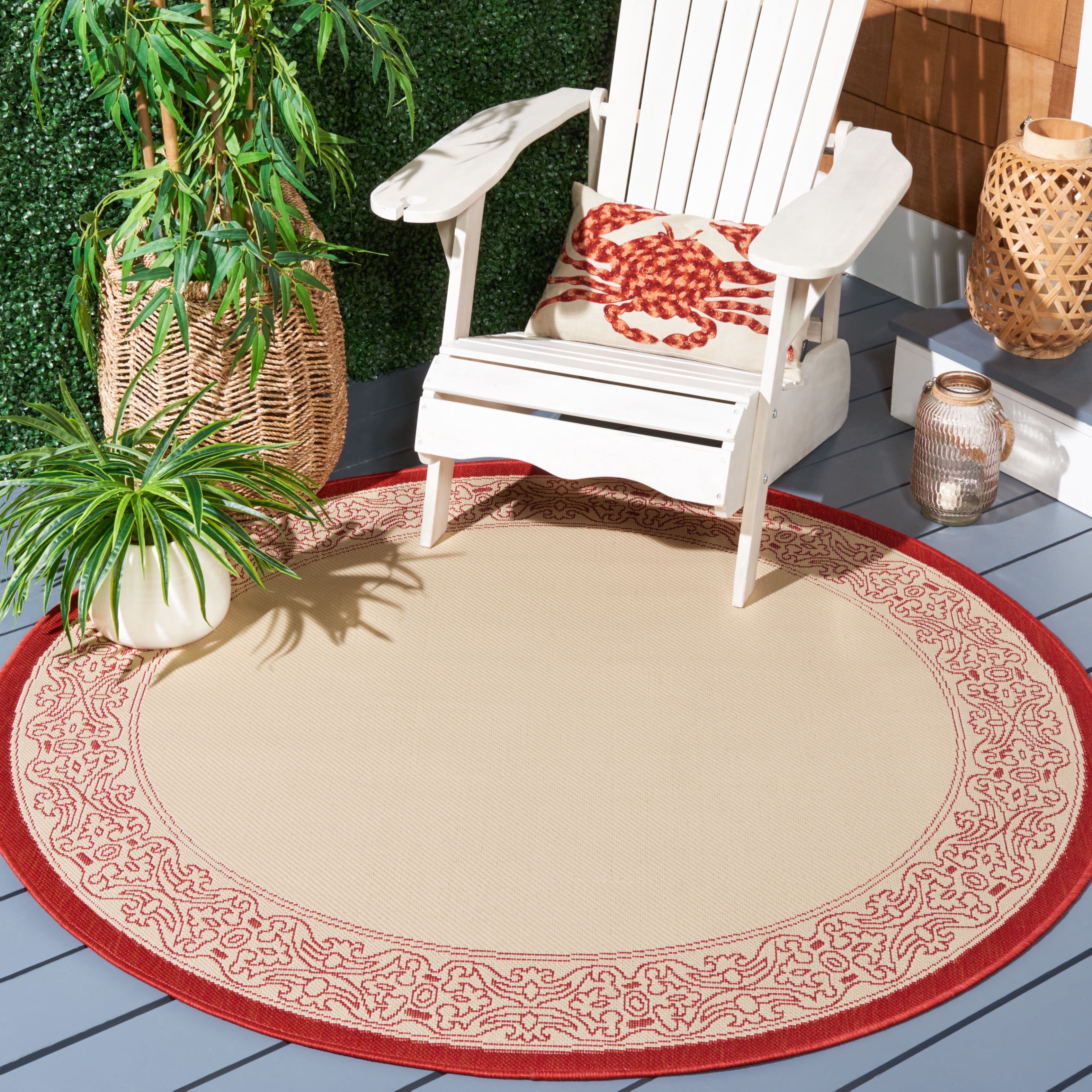 Safavieh Courtyard Donna Botanical Indoor/Outdoor Area Rug, Natural/Red, 7'10" x 7'10" Round