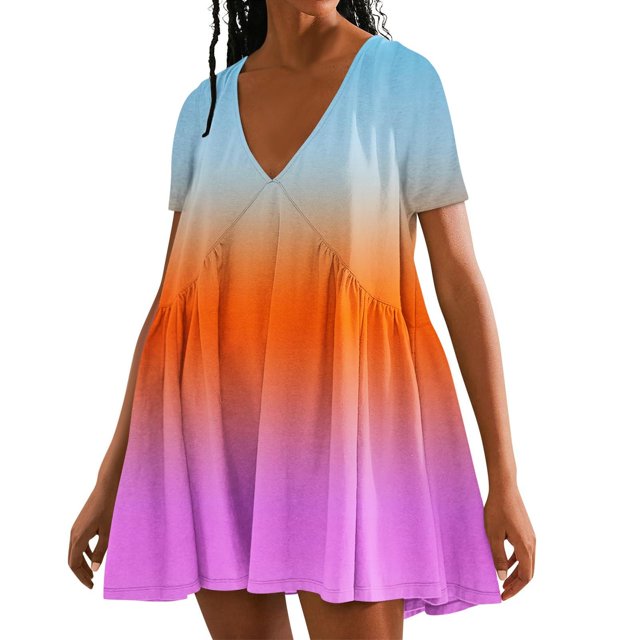 Pisexur Robes d'Été pour Femmes Robe Midi Dégradée Colorée Élégante Robe Décontractée Fluide Mini Robe Manches Courtes Col en V Profond Robe T-Shirt Mode