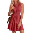 thumbnail image 2 of Miluxas Women's Fashion Smoked Elastic Waist Ruffle Mini Dress Solid V-Neck Sleeveless Pleated Tank Dresses Summer Elegant Beach Vacation Outfits Red, 2 of 9