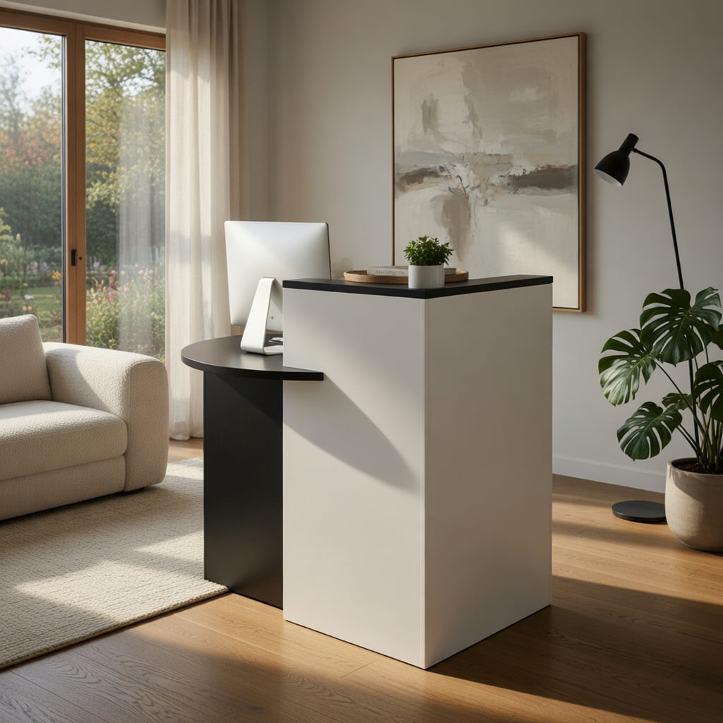Demi Bonn Front Reception Office Desk with Open Shelf and Lockable Drawer, Small Home Computer Desk Study Writing Table, Black + White