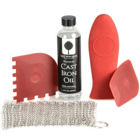 Ultimate Cast Iron Kit – Cast Iron Oil | Stainless Steel Chainmail Cleaner | Silicone Hot Handle Holder | Pan Scrapers | Care for Your