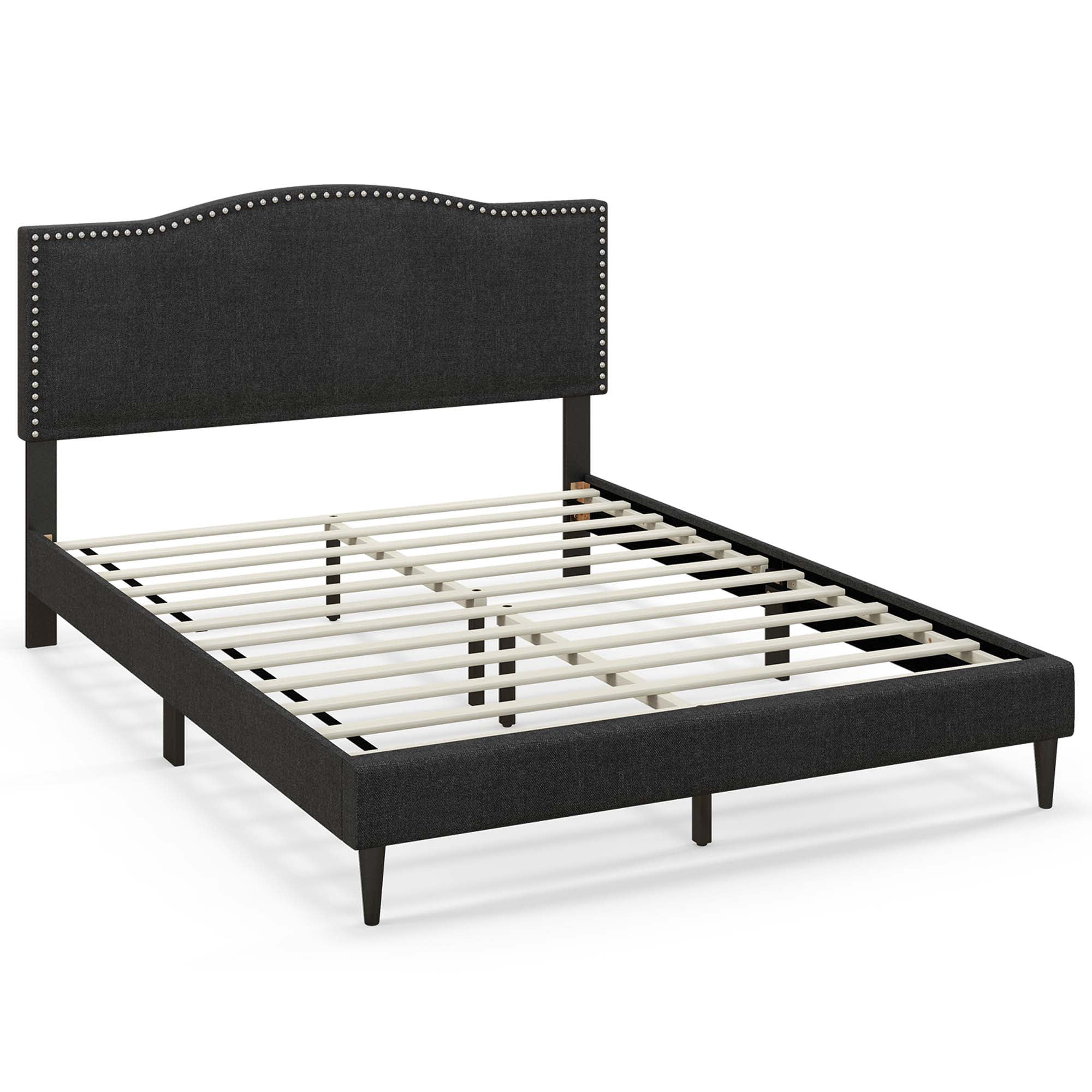 Costway Queen Size Upholstered Bed Frame with Nailhead Trim Headboard Wooden Slats Support