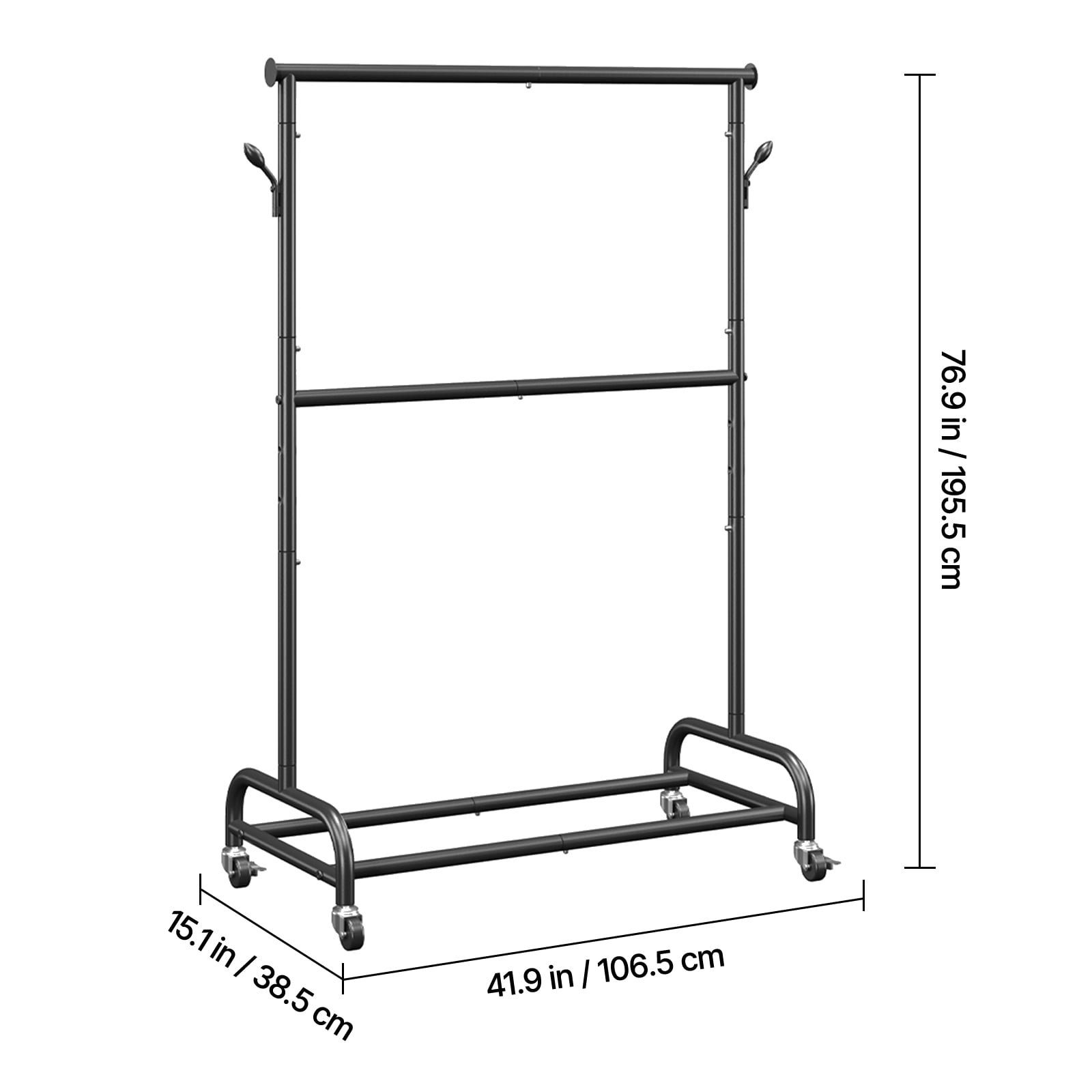 VEVOR Clothes Rack, Rolling Clothing Garment Rack with Adjustable Crossbar and Side Hooks, 150 lbs Load Capacity, Heavy Duty Carbon Steel Clothing Racks with Wheels for Bedroom, Laundry, Living Room