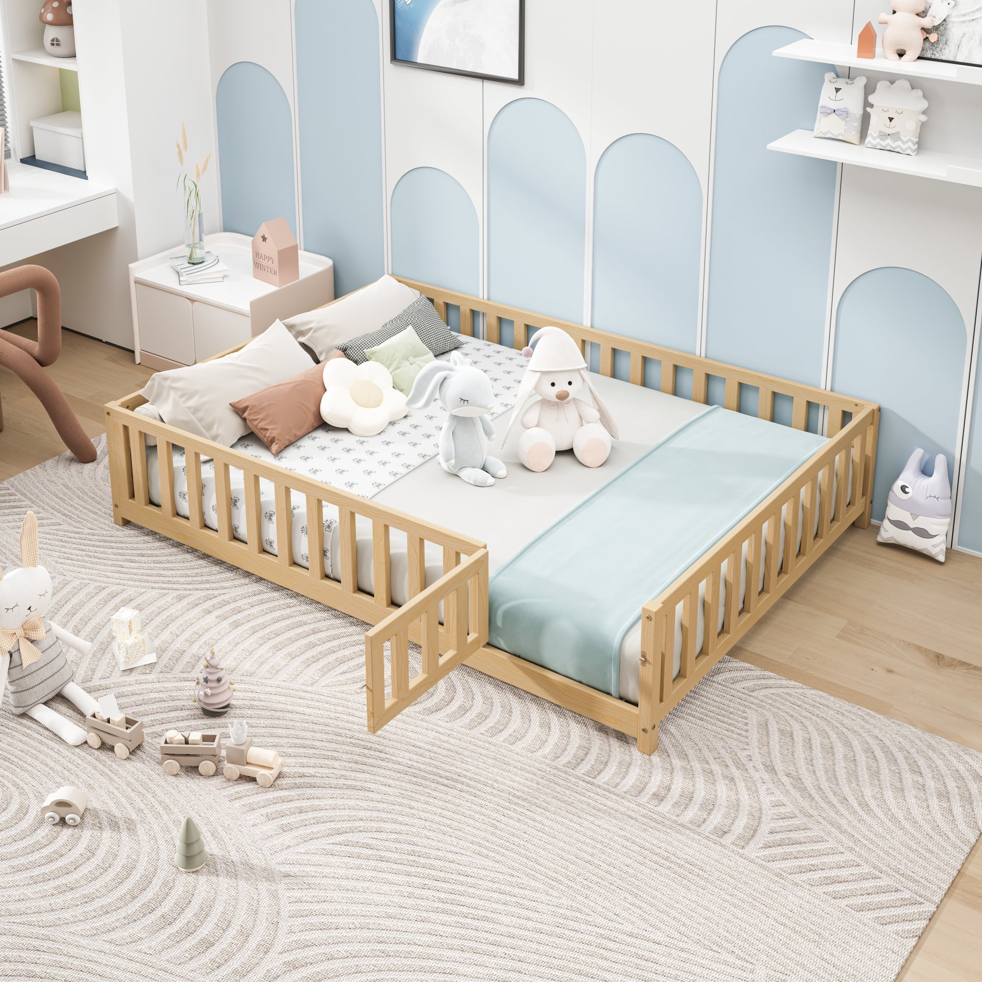 Leumius Full Size Floor Platform Bed Frame with Fence and Door for Kids, Montessori Floor Bed Frame with Support Slats for Toddlers Natural