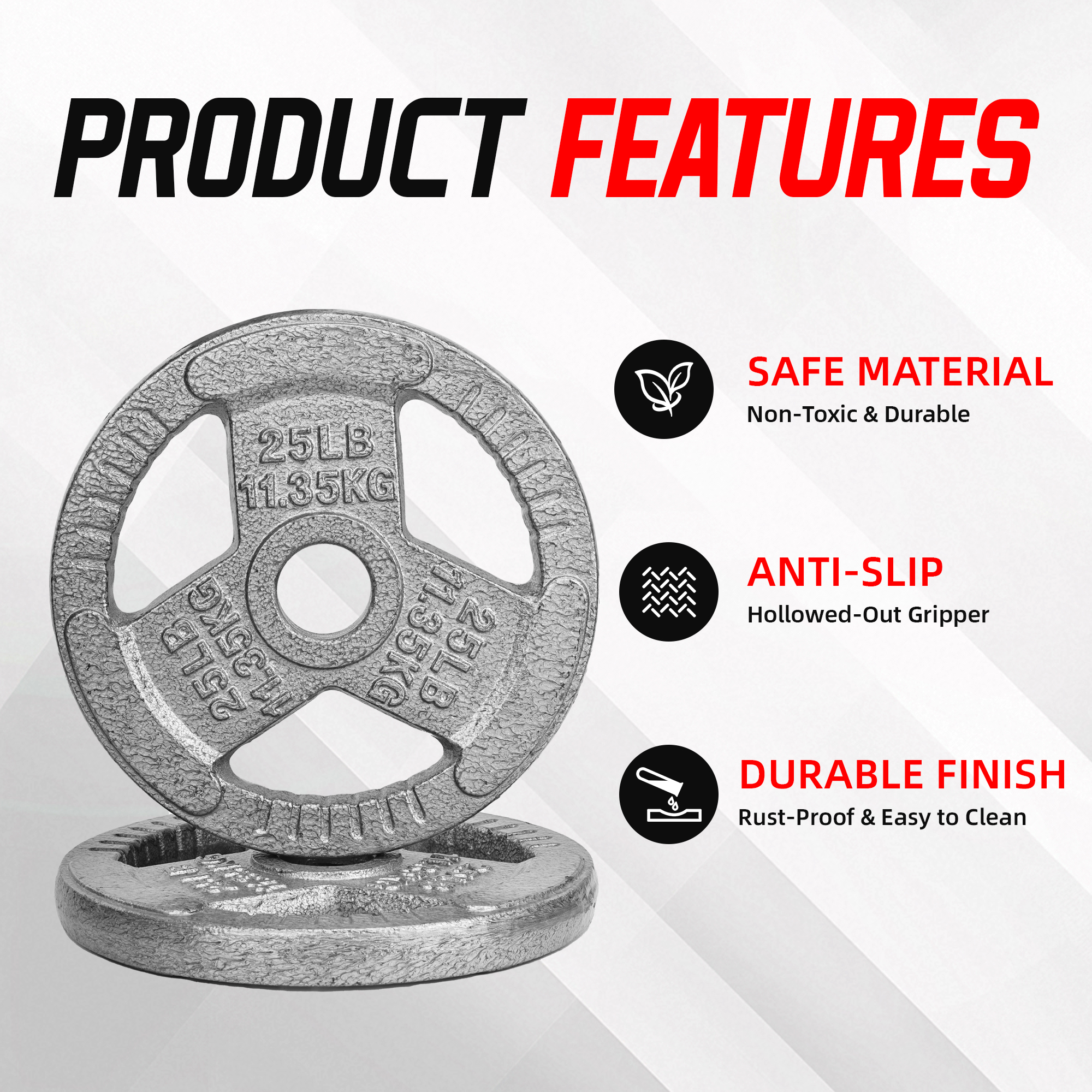 Signature Fitness 2-Grip Olympic Cast Iron Weight Plates, 2-Inch Hole, 2.5LB–45LB, Black with Silver Lettering