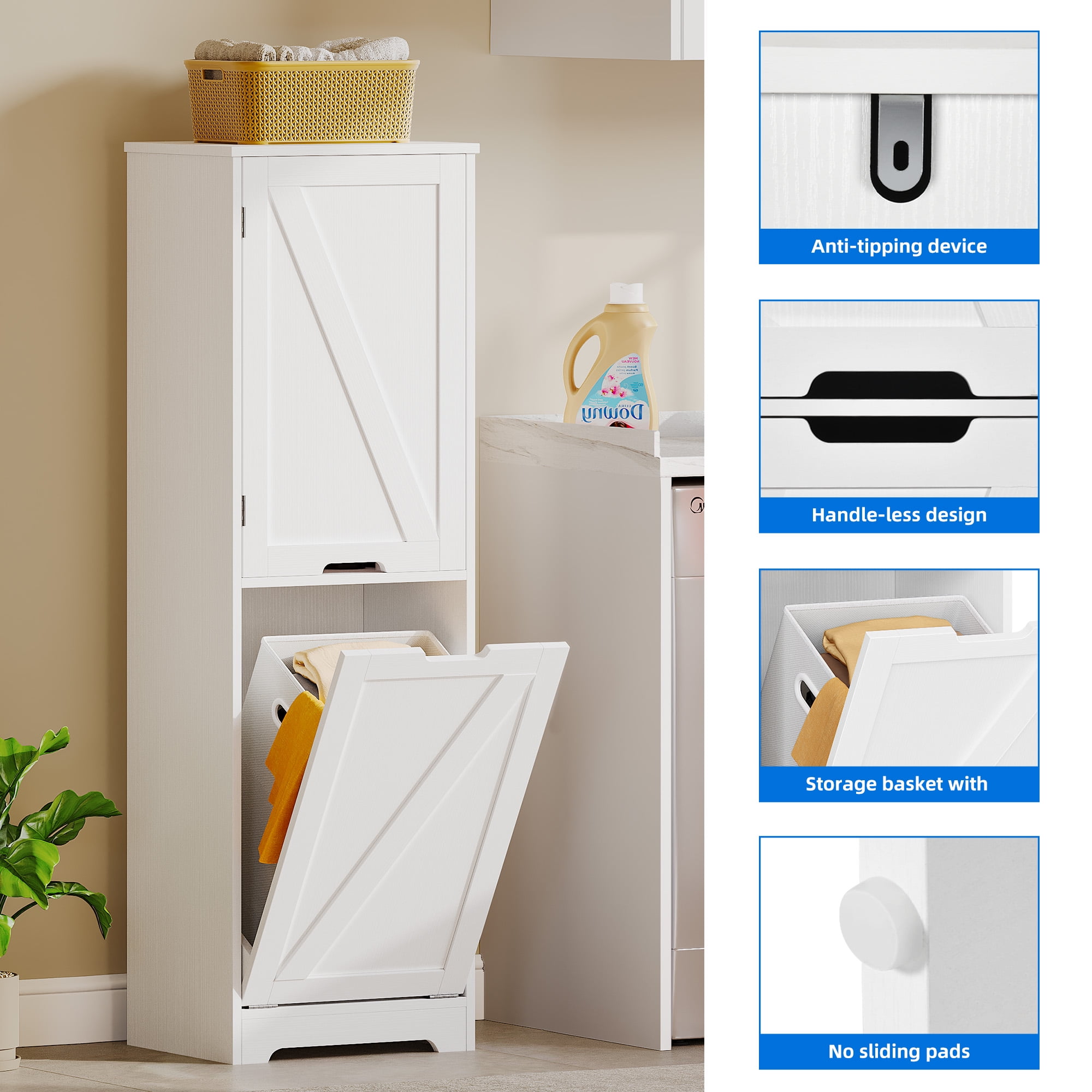 Dextrus 53" Tilt Out Laundry Hamper Cabinet, Laundry Hamper with Adjustable Shelf and Storage Basket, White