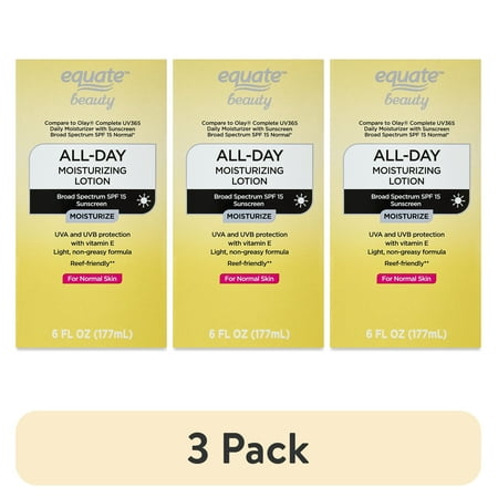 (3 pack) Equate All Day Moisturizing Lotion with SPF 15 Sunscreen for Face Care of Normal Skin, 6 fl oz, Compare to Olay® Complete UV365 Daily Moisturizer with Sunscreen Broad Spectrum SPF 15 Normal