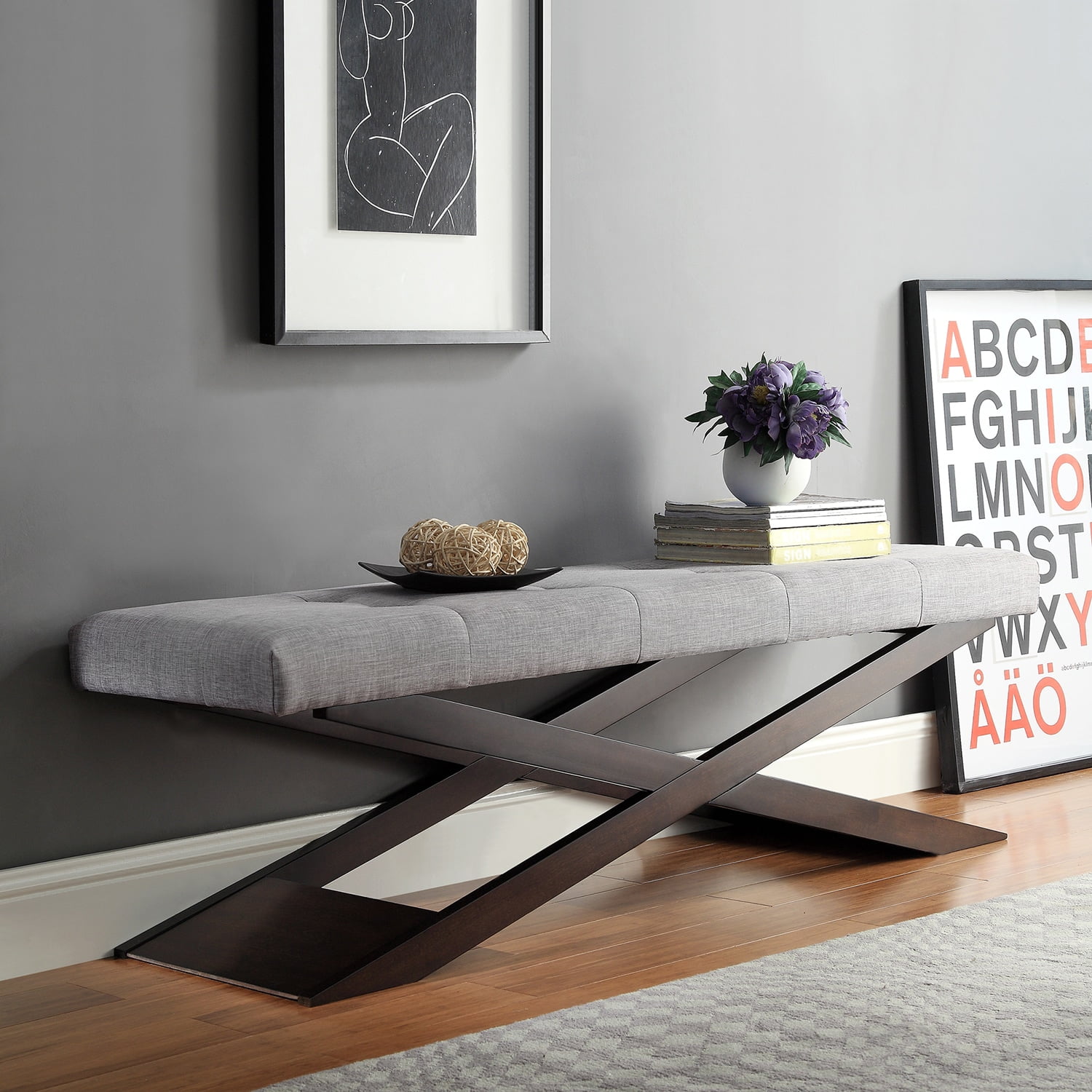 HN Home Turlock Transitional XBase Bench Gray Linen 48 in