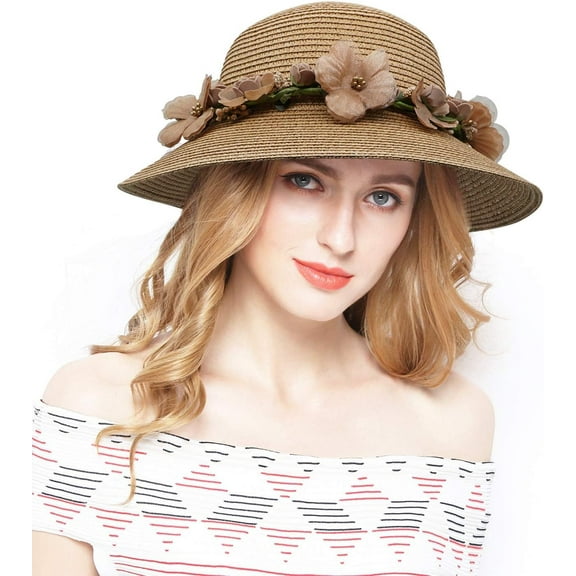 LinYooLi Fashion Flower Lace Ribbon Wide Brim Caps Summer Beach Sun Protective Hat Straw Hats for Women