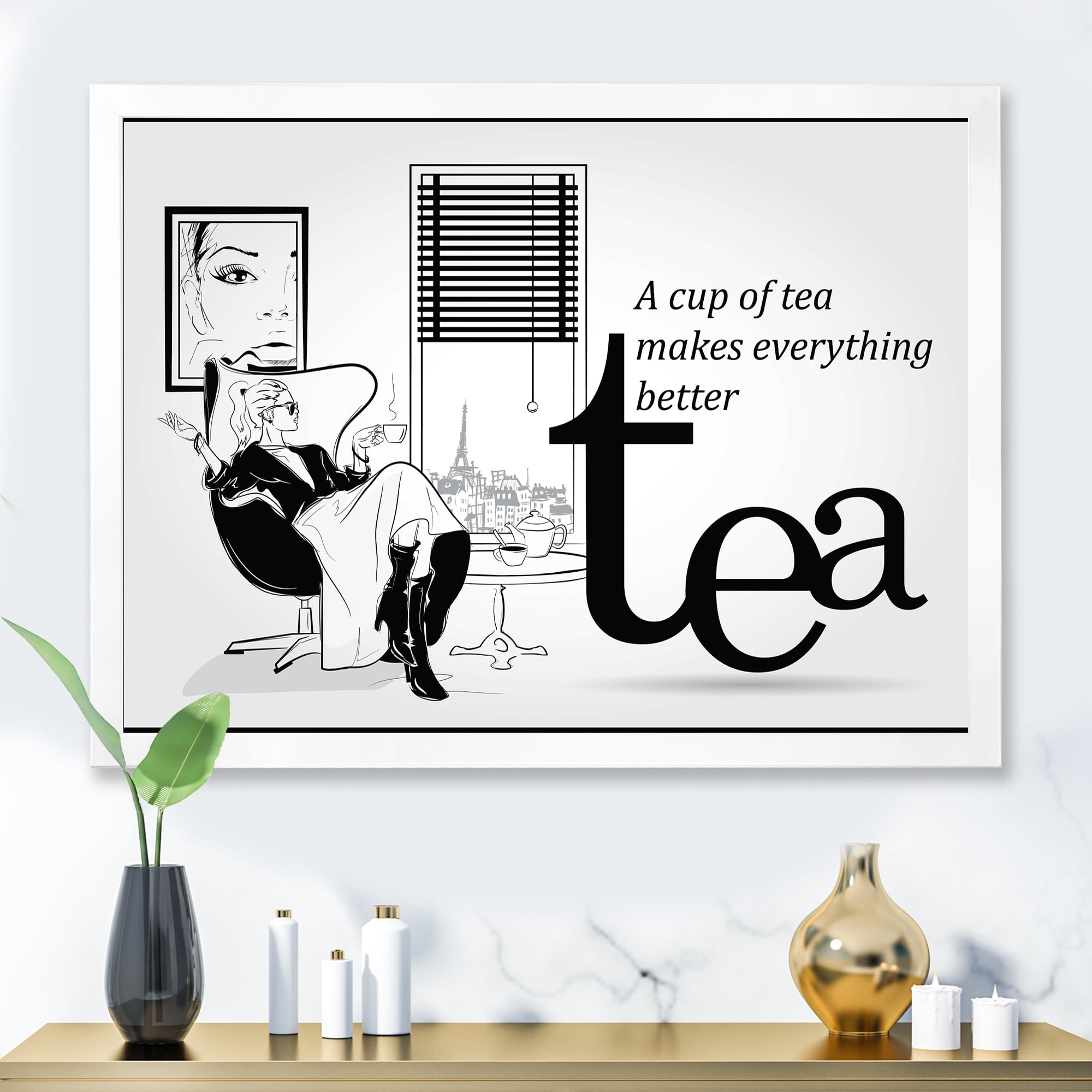 Designart 'Ancient Fashion Girl Drinking A Cup Of Tea' Vintage Framed Art Print