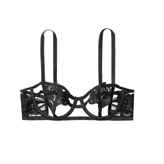 Victoria's Secret Very Sexy Strappy Unlined Balconet Bra, Black Applique Floral, Cup Size 38DD NWT