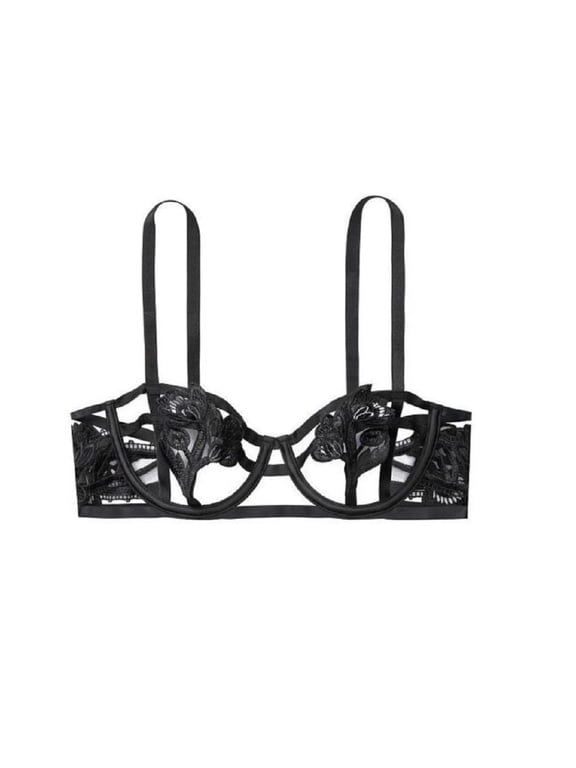 Floral Embroidered Strappy Open Cup Bralette Bra Black 36D NWT