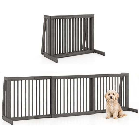 GlowPlume Freestanding Wood Dog Gate, 28''-80''L Expandable Extra Wide Fence,Gray