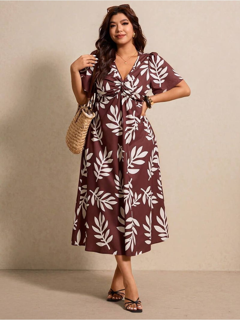 plus size fit and flare summer dresses Black And White Plus Size V-Neck Twist Front Fit & Flare Summer Casual Dress
