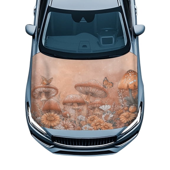 Uourmeti UV Resistant Car Hood Cover Elastic Stretch Fabric, Decorate Accessories Sunproof Vintage Mushroom Butterfly Car Hood Cover Protector for Van SUV Trucks
