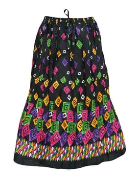 Mogul Womens Long Skirt Black Printed Crinkle  A-line Cotton Festive Skirts