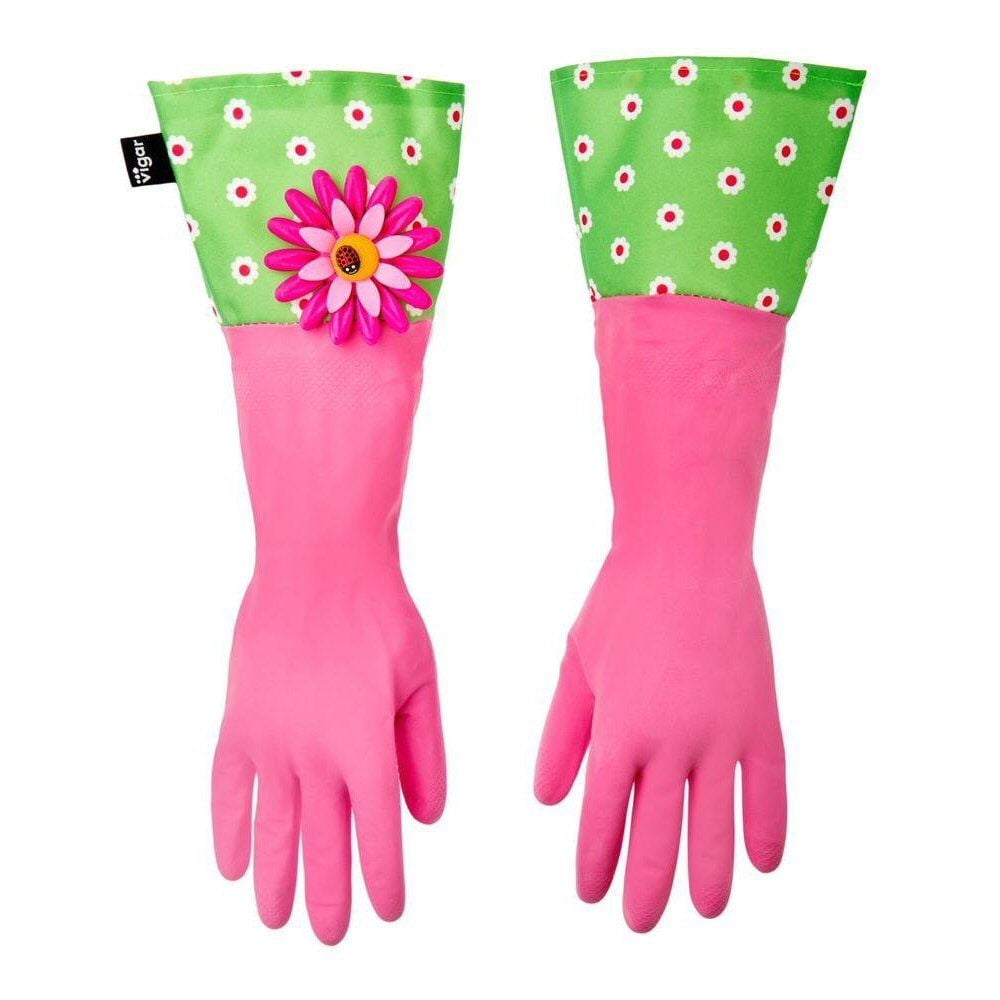 Vigar Flower Power Pink Latex Dish Washing Gloves with Extended Cuff
