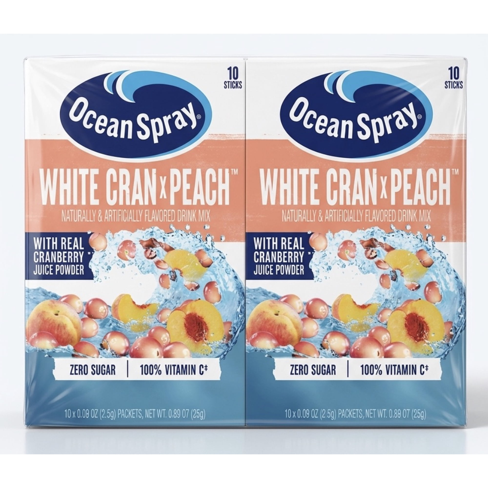 Ocean Spray Zero Sugar Powdered Drink Mix, White Cran Peach, 10 Count (Pack of 2)